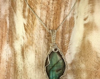 Silver Wire Wrap Labradorite Crystal Pendant