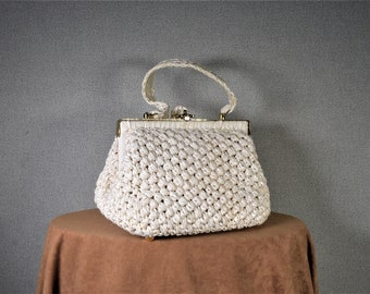 Vintage Handbag White Woven Top Handle Purse