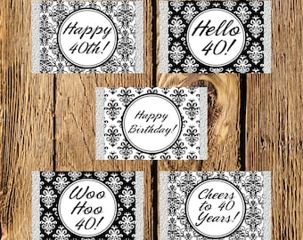 Printable 40th Birthday Black and White Damask Mini Candy Bar Wrappers - Instant Download