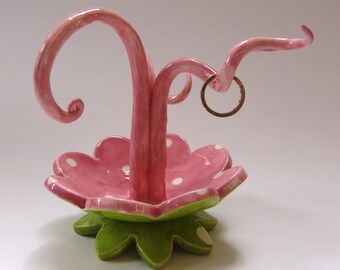 pretty pink Ring holder, whimsical pottery ring tree, ring dish, ceramic pink flower with curly hooks and polka-dots