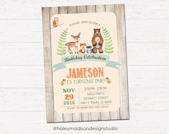 Woodland birthday invitation, Forest Friends, Rustick Style invitation DIGITAL FILE HM113