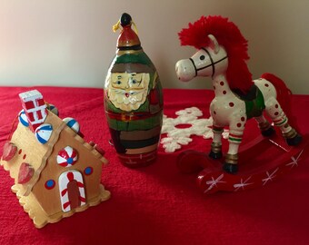 on Sale/Vintage Christmas Ornaments/3 Wood Tree Ornaments from the 70's/Holiday decor/Gingerbread House,Santa,Rocking Horse/onlyformejewelry