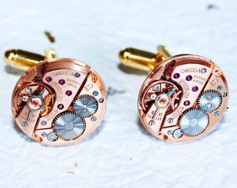 OMEGA Steampunk Cufflinks - Rare Rose Gold GENUINE OMEGA Luxury Swiss Watch Movement Men Steampunk Cufflinks Cuff Links Men Wedding Gift