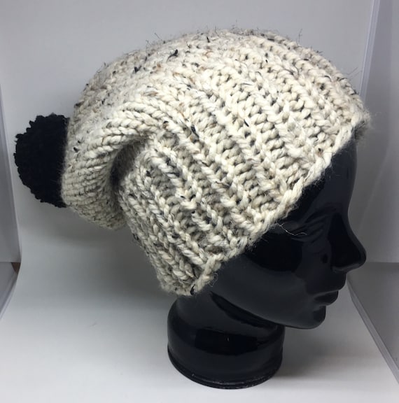 Oatmeal extra thick winter hat with a big black pompom