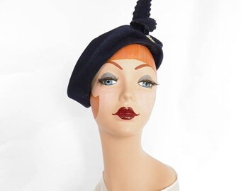 Blue 1940s hat, vintage WW2 era tilt, woman's beret style