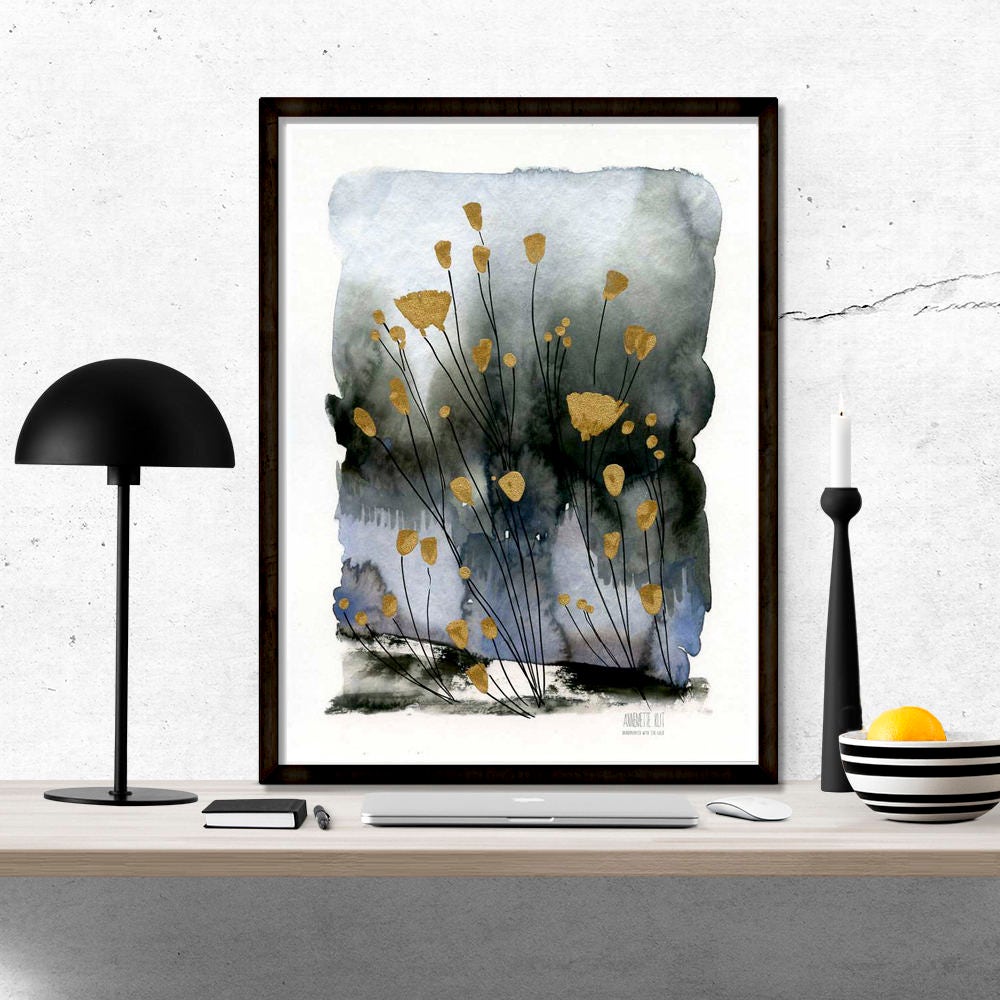 Scandinavian art print of landscape with flowers of shimmery