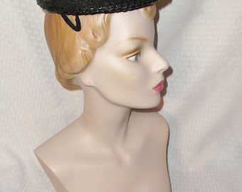1950s Vintage Black Straw Platter Hat with Cream Rose by Artistic 4U