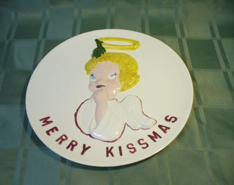 Vintage "Merry Kissmas" ceramic plate - handmade 1960 - 9-1/2 inches - # HS-PL-28