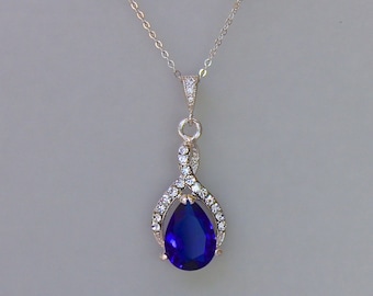Sapphire Bridal Necklace, Blue Wedding Necklace, Bridal Jewelry, Something Blue, Bridesmaids Necklace, RIBBON