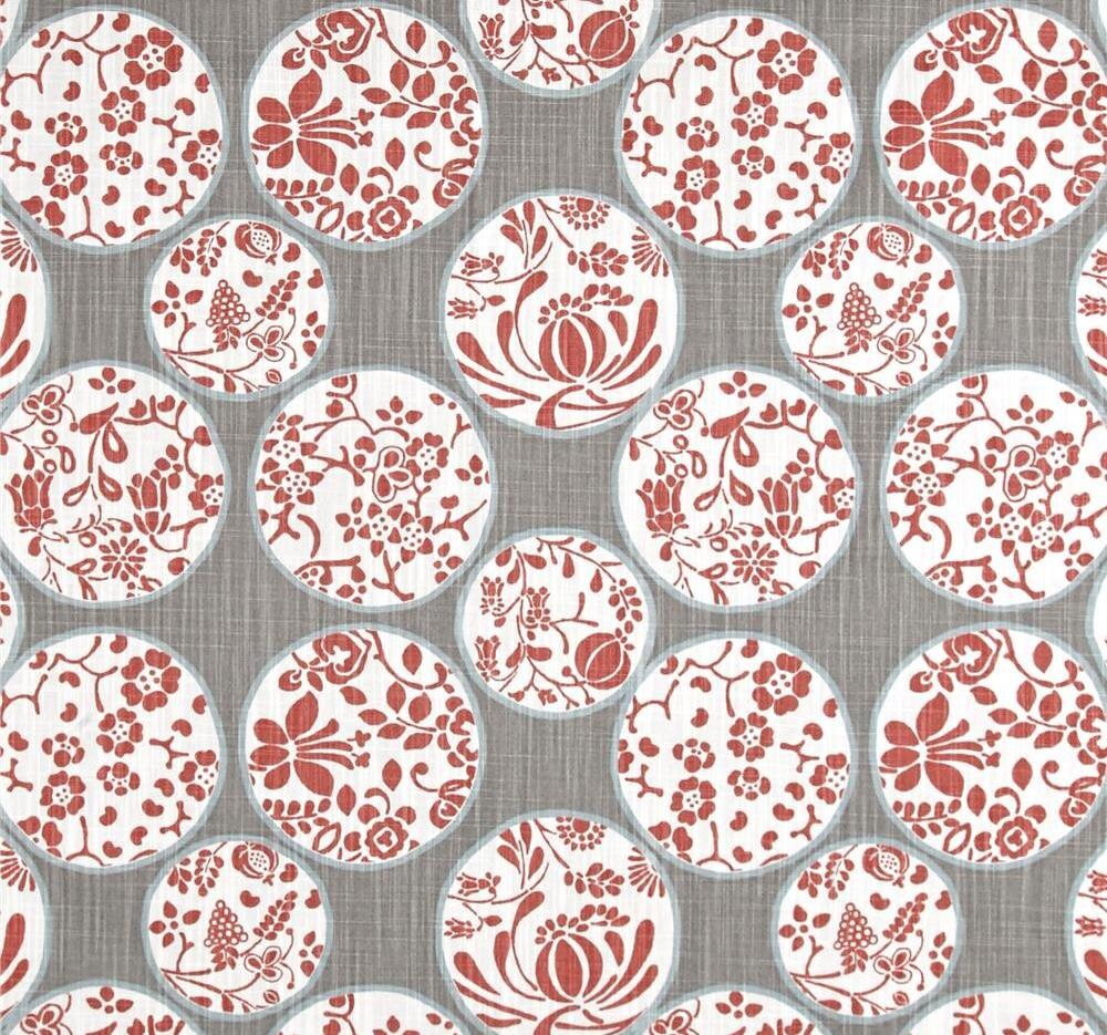 Designer Gray & Soft Red Fabric by the Yard Cotton Home Decor