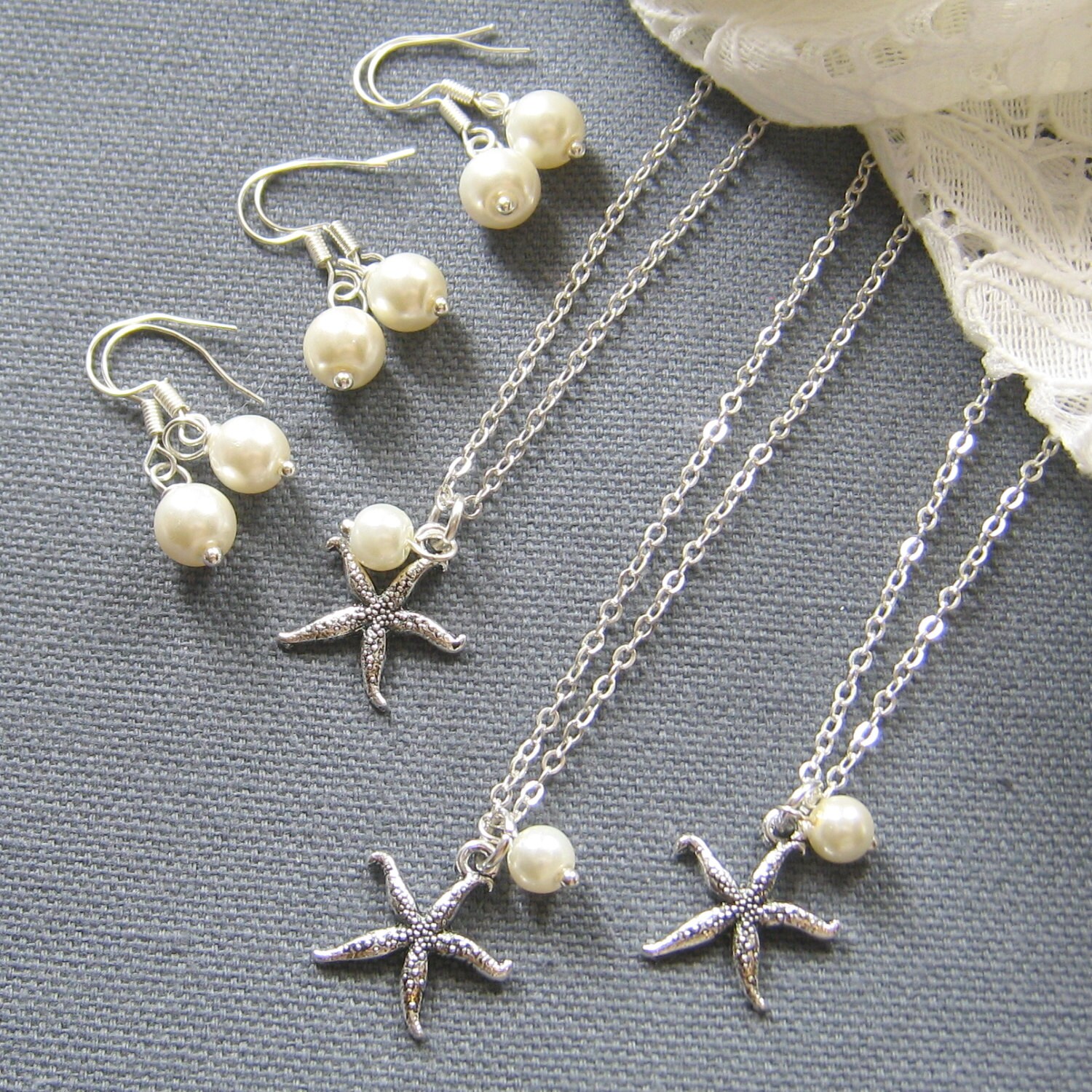 SET of 6 Starfish pearl necklace bridesmaid necklace