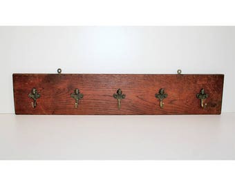 Vintage Wooden Coat Rack with 5 Brass Hooks- Vintage European Coat Rack