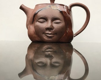 Face Teapot Buddha Woman Sculpture Head with Bas Relief Figurine in Meditation, Yoga Art Serving Figure