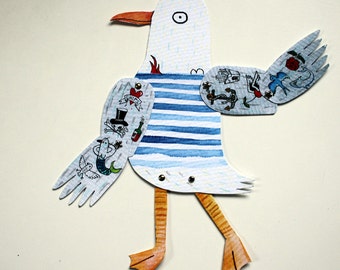 Tattoo seagull paper doll - Articulated paper sailor bird doll - DIY doll set