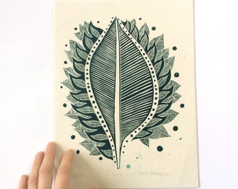 linocut - LEAF // 9x12 art print // dark green // printmaking // block print // original art // 8x10 // wall art // leaves