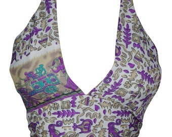 Purple,White Recycled Silk Halter Tops Blouse Tie Back Printed Vintage Sexy Stylish Crop Top One Size