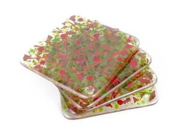 Fused glass coasters, red green coasters, glass drinks coasters