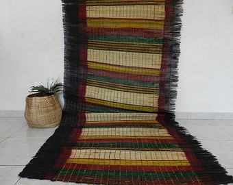 African floor rug, mat vintage African woven by hand, band and raffia, carpet baby natural mat, 312 centimeter x 127 centimeter (123 "x 50")