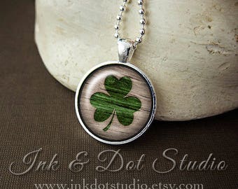 Shamrock Necklace, Faux Burned Wood Glass Pendant, St Patricks Day Necklace, St Patty's Party Necklace, St Paddy's Day
