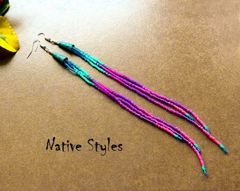 8.5"Extra Long Seed Bead Earrings~Long Shoulder Duster Turquoise Purple~Long Modern Native American Style~Vibrant Purple NEON Pink Turquoise