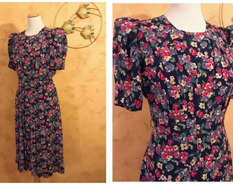Vintage 1930s 1940s Dark Blue Floral Print Silk Puffed Sleeve Dress - Size S/M