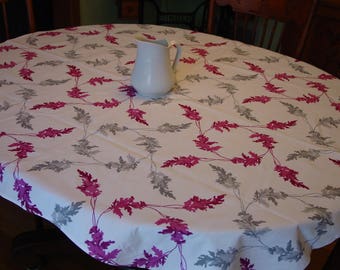 Vintage Wilendur Tablecloth, Burgundy & Grey Leaves on White