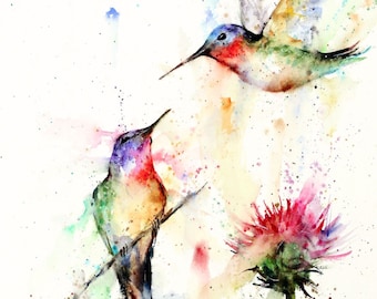 HUMMINGBIRD PAIR Watercolor Bird Art, Flower Print by Dean Crouser