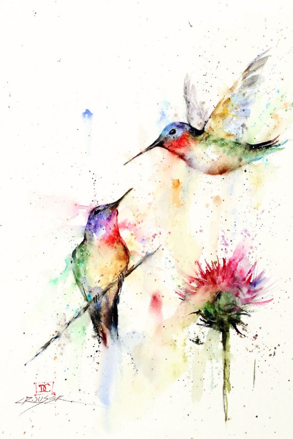 HUMMINGBIRD PAIR Watercolor Bird Art Flower Print by Dean