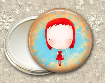 cute girl pocket mirror, red haired girl art hand mirror, mirror for purse, bridesmaid gift, stocking stuffer MIR-107
