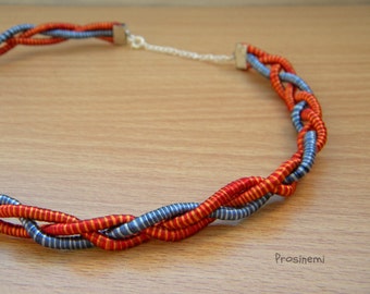 Silk wrapped cord necklace, blue red fibre boho necklace, eco friendly necklace