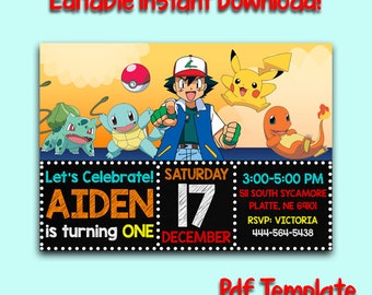 Pokemon Invitation, Pokemon Instant Download, Pokemon Birthday, Pokemon Party, Pokemon Editable Invitation, Pokemon Editable PDF