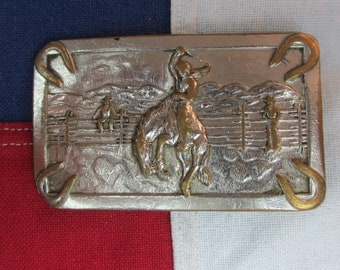 Vintage 1970's Bucking Bronco and Cowboy Belt Buckle Brass Horseshoe Western Wear Horse Rodeo Rider Mountains Rectangle