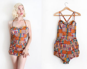 RARE vintage 1950s Catalina swimsuit // 50s patchwork style novelty swimsuit