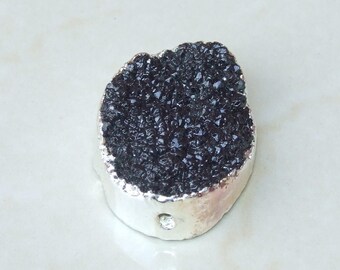 Jet Black Druzy Connector, Druzy Pendant. Silver Plated Edge - Center Drilled - Crystal Druzy Agate Pendant Bead - 26mm x 34mm - 8886