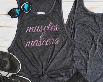 Muscles and Mascara cut out back burn out tank Charcoal, funny workout tank, gym shirt, boss babe, funny shirt, workout shirt, hustle