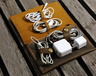 Personalized Leather cable management cord organizer cable organiser charger bag charger organizer cord case pouch CO05PZ