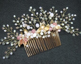 Vine wedding comb crystal bridal headpiece Gold hair vine comb pink leaf combs Rhinestone bridal hair piece Veil comb rose vine hair bride