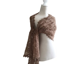 Brown Hand Knitted Lace Alpaca Silk Scarf for Women, Brides Made Shawl,Winter Lace Scarf, Lace Mohair Stole in Brown, Winter Lace Shawl