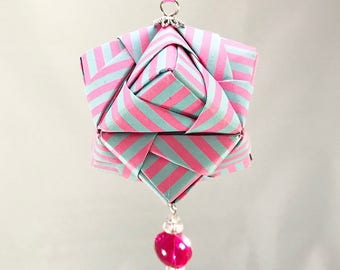 Cotton Candy Blue and Pink Striped Handmade Origami Christmas/Holiday Ornament