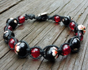 Black Macrame Bracelet - Flowered Black Glass Beads, Red Glass Beads, Single Wrap Bracelet, Black Hemp Macrame Bracelet