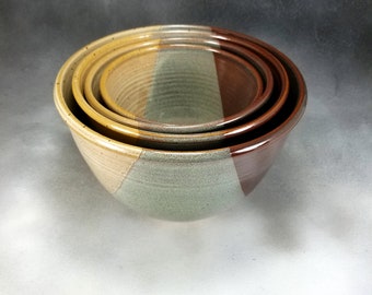 Pottery Nesting Bowl Set Mixing Bowls in Colors of Yellow Green and Brown Ceramic Serving Bowl Hand Thrown Stoneware Pottery 4 Bowl Set