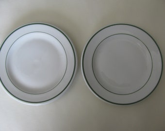 Two Vintage Ironstone Dessert Plates Green Stripes Shenango China Co. 1940 Cafeteria Style Country French