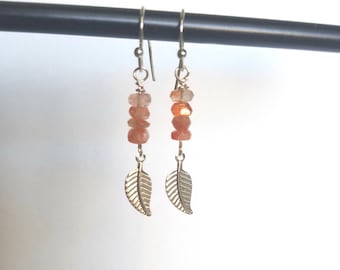 Nickel Free Sunstone and Silver Leaf Dangle Earrings