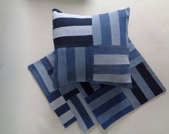Upcycled Blue Denim Pillow Cover, Accent Pillow, Blue Striped Pillow, Throw Pillow, Decorative Pillow, Designer Pillow, Bedroom Pillow