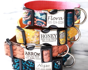 Personalized Laser Engraved Metal Buckle Dog Collar - 9 Cotton Voile styles to choose from