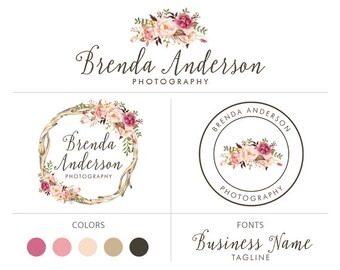 Branding package wreath flower logo bohemian logo floral logo rustic logo photography logo premade logo package graphic design