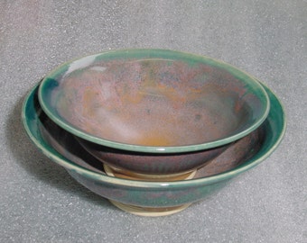 Set of 2 Bowls in Teal and Pink - Wheel Thrown Pottery - Nesting Bowls