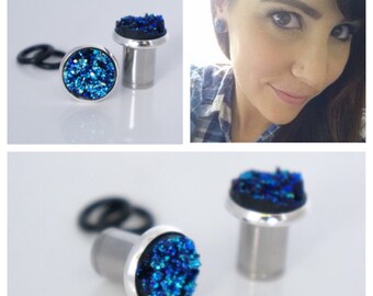 Blue Druzy Gauges Plugs 8g, 6g 4g 2g 0g 00g 7/16" 3mm 4mm 6mm 8mm 10mm