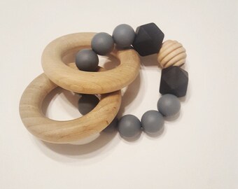 Black/Grey Silicone Bead Teething ring, silicone teether, wood ring teether, baby teether