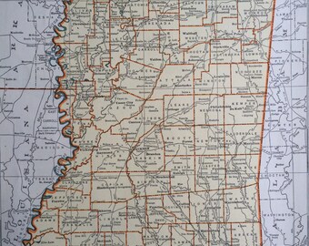 1937 MISSISSIPPI Original Vintage Map, 11 x 14 inches, State Map, Rand McNally, Home Decor, Cartography, Geography